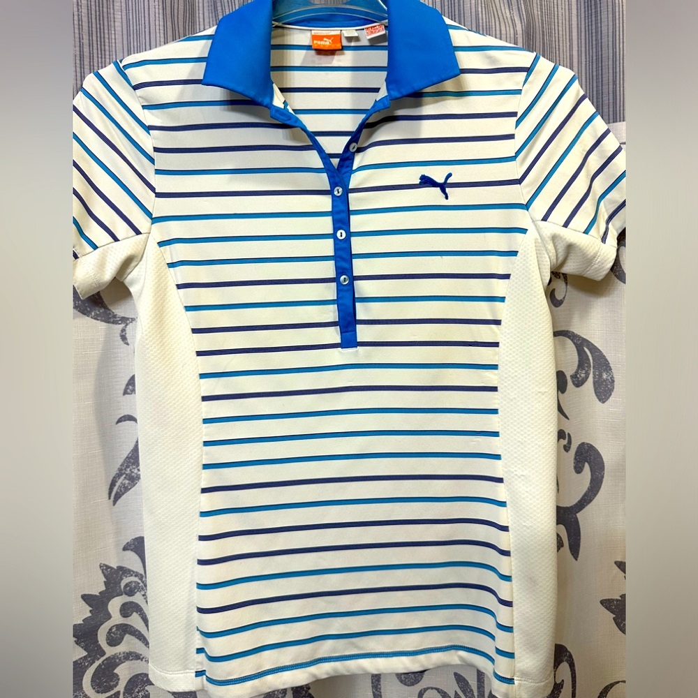 EUC Puma Blue and White Striped Polo Shirt Nautical-Inspired Size‎ M